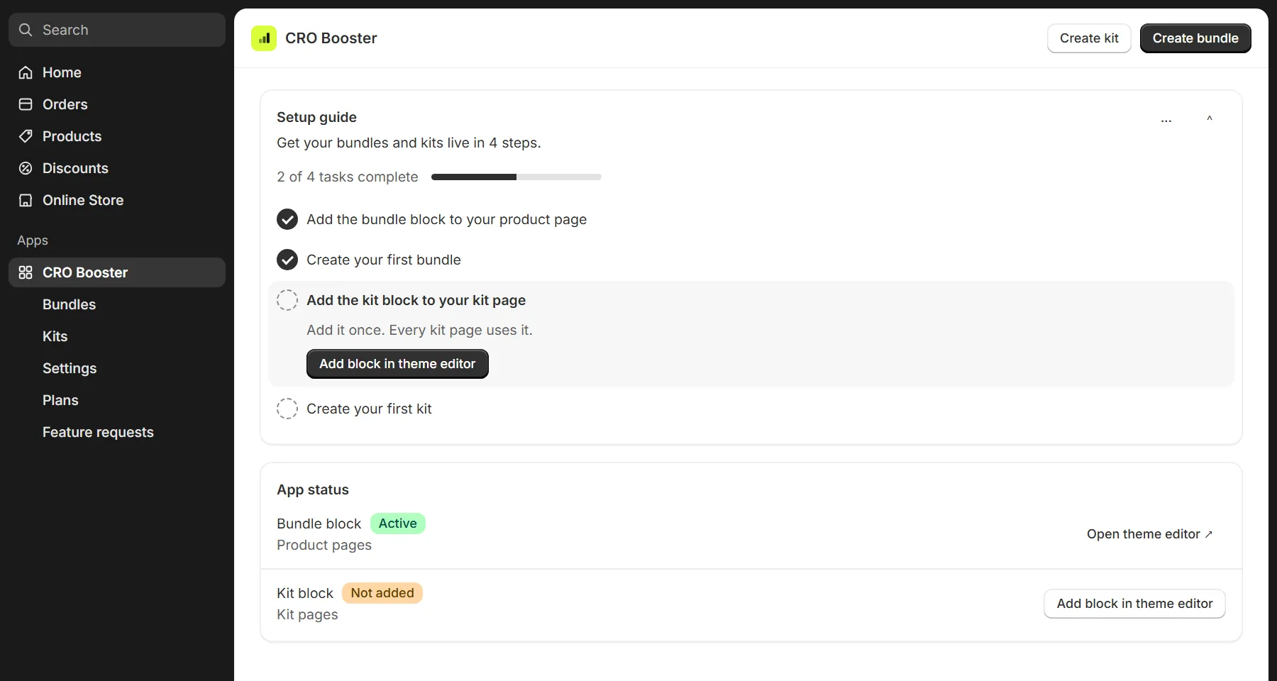 Illustration: the setup guide with 2 of 4 steps done and the App status card showing which blocks are on the theme