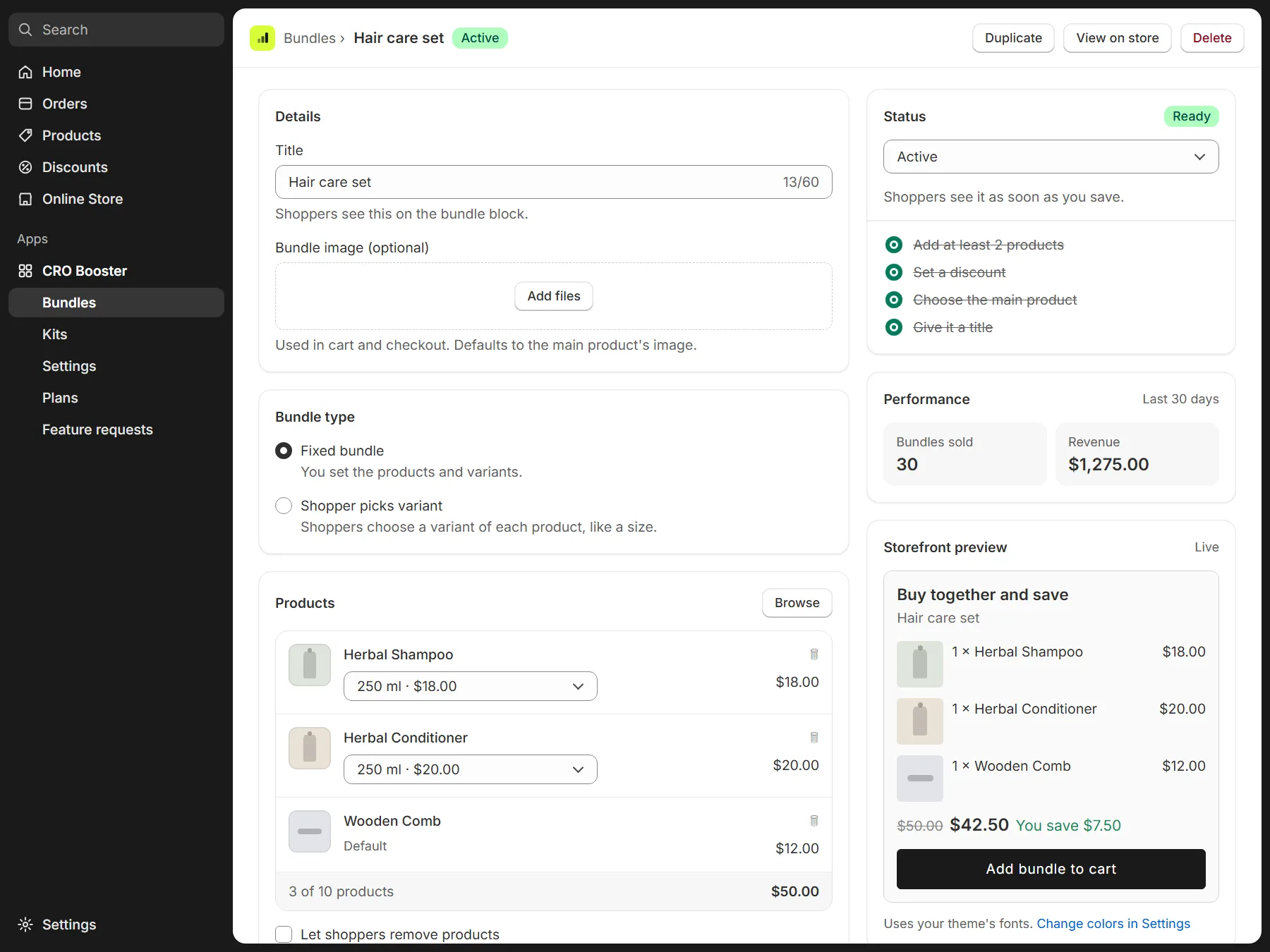 Illustration: the bundle editor with details, bundle type, three products, a status checklist and a live storefront preview