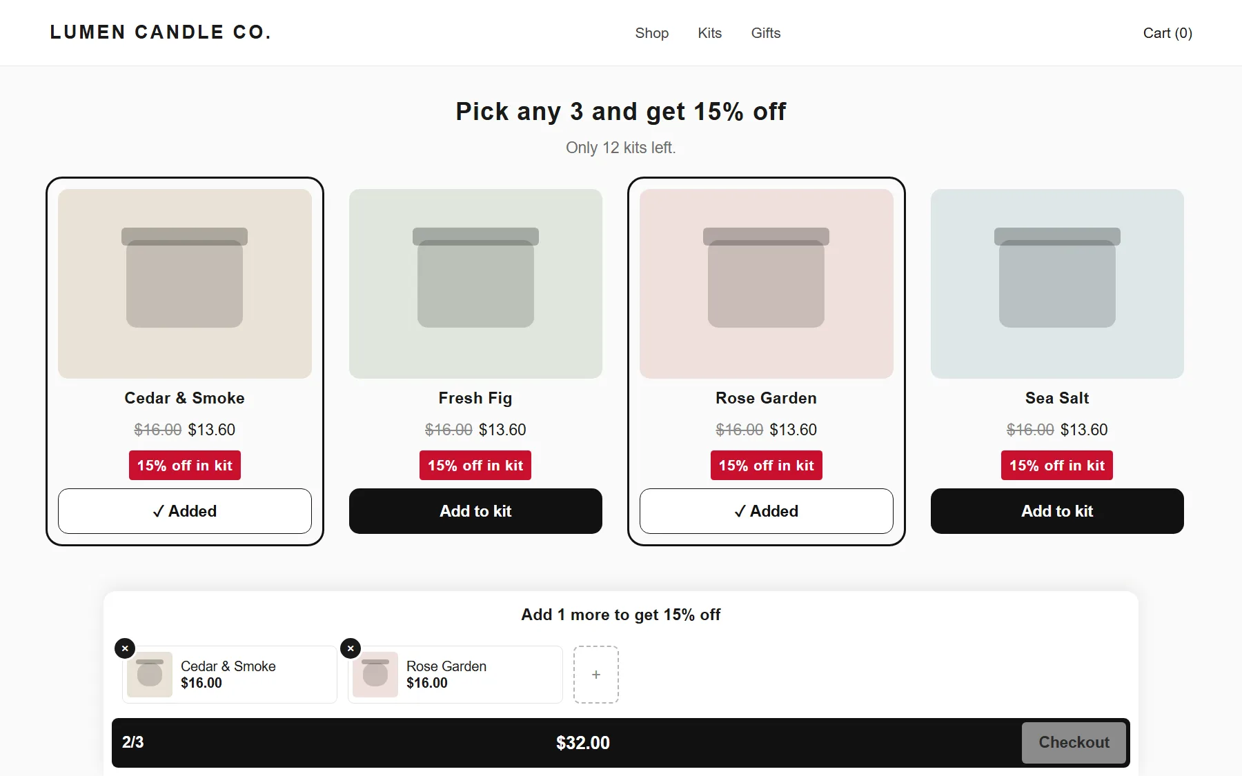 Illustration: a kit page where the shopper picked 2 of 3 candles, with a progress bar