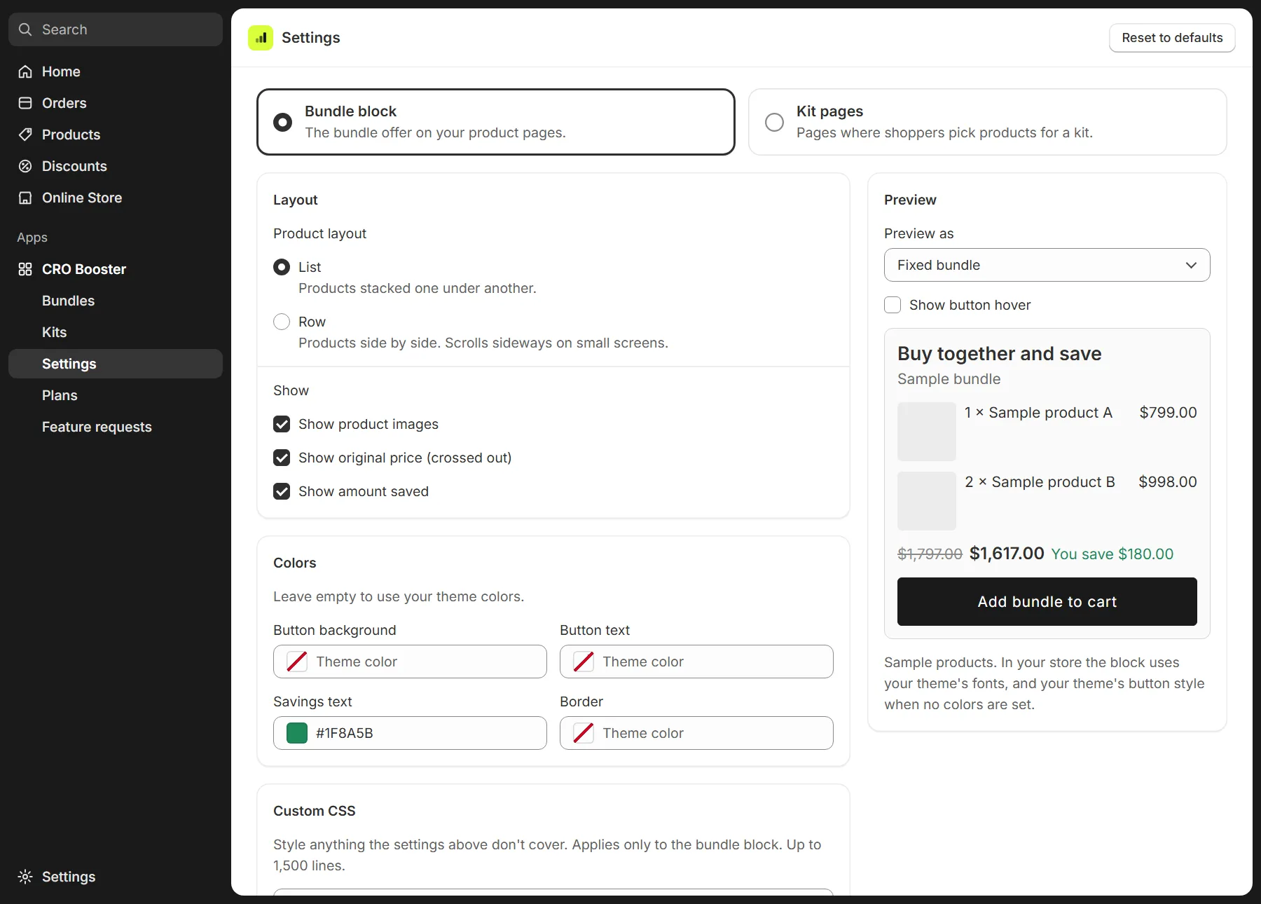 Illustration: the Settings page for the bundle block with layout, colors, custom CSS and a live preview
